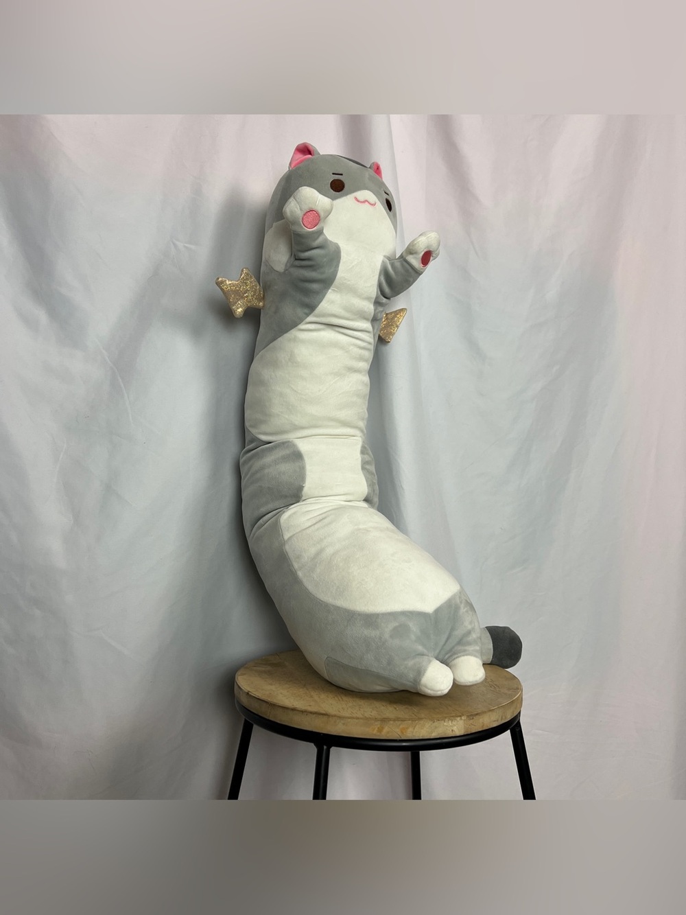 Grey Long Cat Winged Lightning Bolt Plush Body Pillow